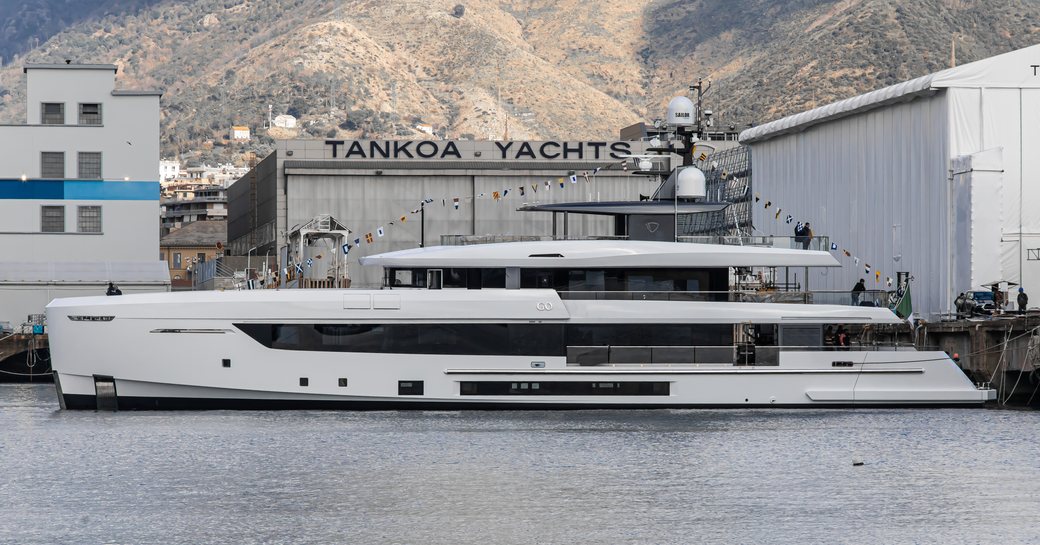Superyacht GO on the water following launch outside Tankoa construction facility