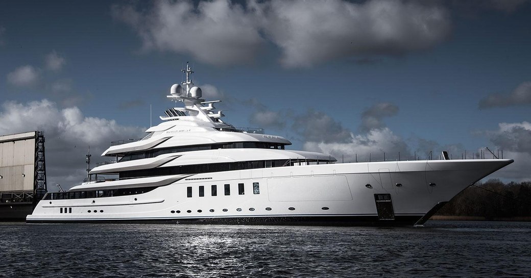 Megayacht MADSUMMER profile shot leaving Lurssen shipyard