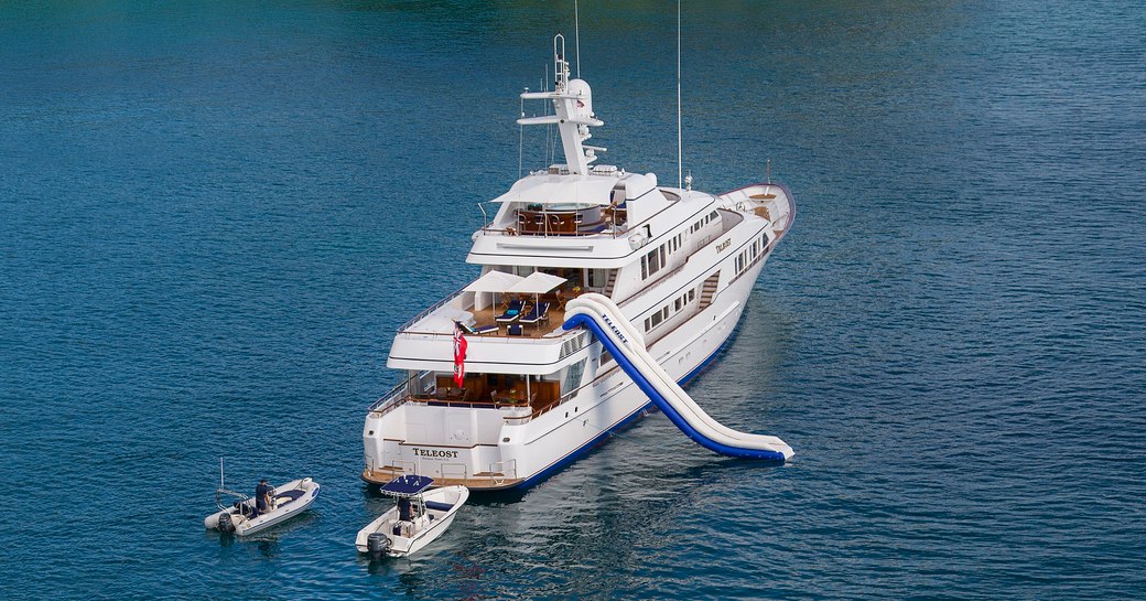 Charter yacht TELEOST aerial view with water toys deployed