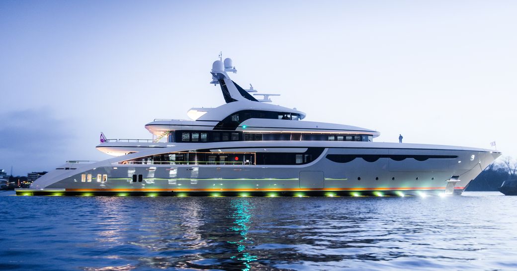 Superyacht SOARING on water lit up