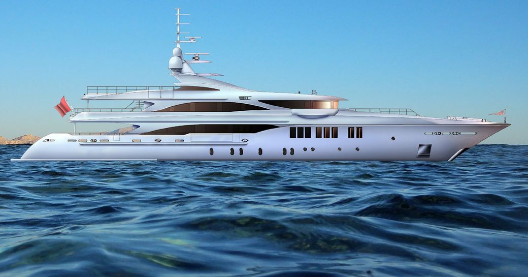 A drawing which shows superyacht O'MATHILDE on the water
