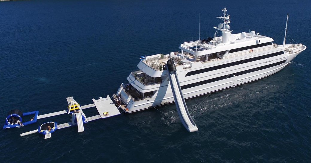 superyacht KATINA at anchor with her inflatable water park while on charter in Croatia