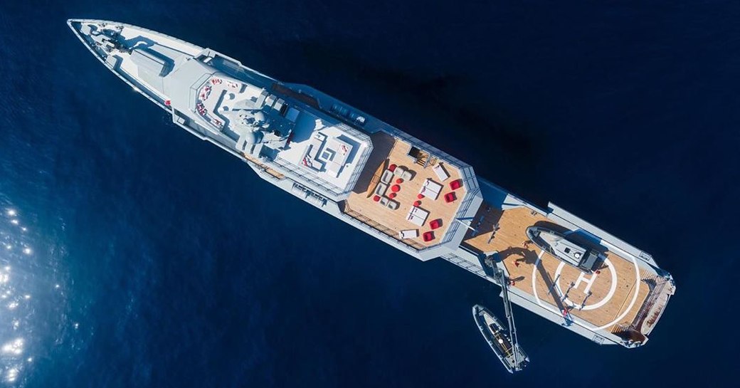 aerial shot of superyacht BOLD by silveryachts as she cruises the waters of the Bahamas