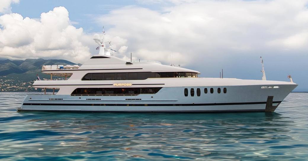 Charter Yacht PURPOSE at anchor, surrounded by sea