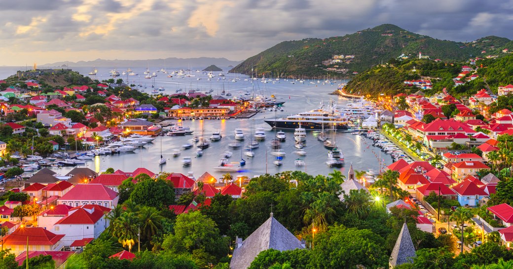 Elevated view looking over Gustavia Harbor in preparation for St Barts New Year's Eve celebrations