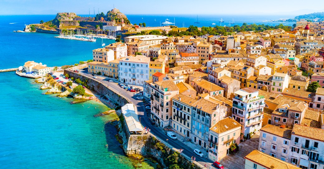 Overhead view looking down on the coastline surrounding Corfu