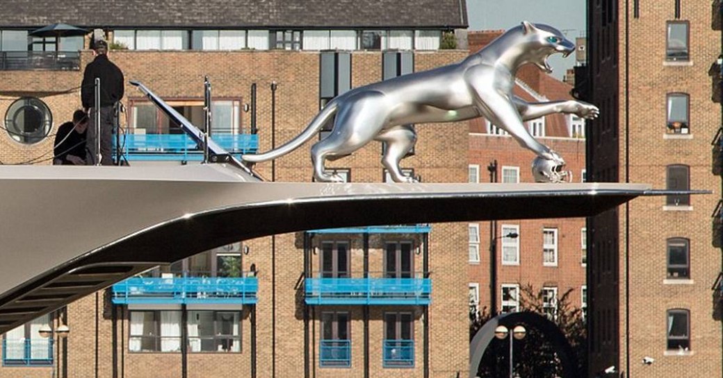 Close up view of bowsprit on M/Y KISMET, stunning silver jaguar poised to pounce.