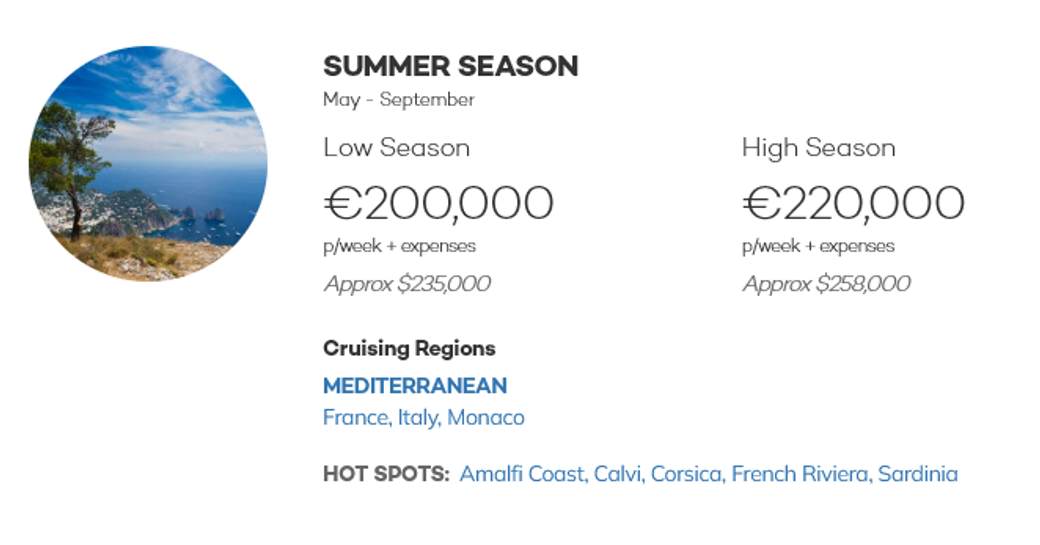 A graphic showing pricing for charter yacht BRAVADO in the summer season