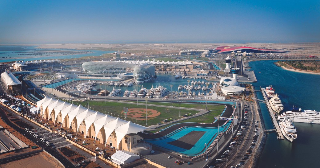 superyachts line up in Yas Marina in Abu Dhabi for the Abu Dhabi Grand Prix 2017 