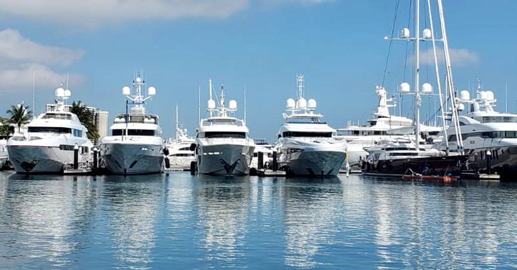 Motor yacht charters berthed in a line