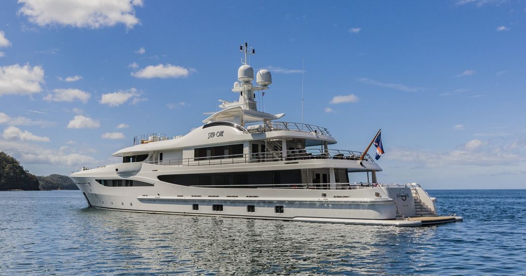 superyacht ‘Step One’ anchors in the Mediterranean when on a luxury yacht charter