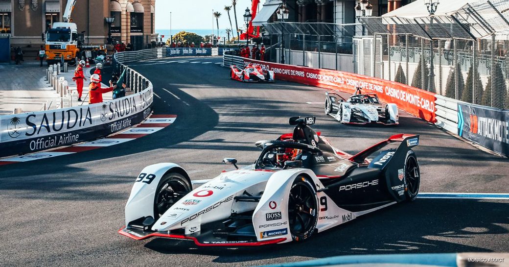 Formula E race cars on Monaco race track.