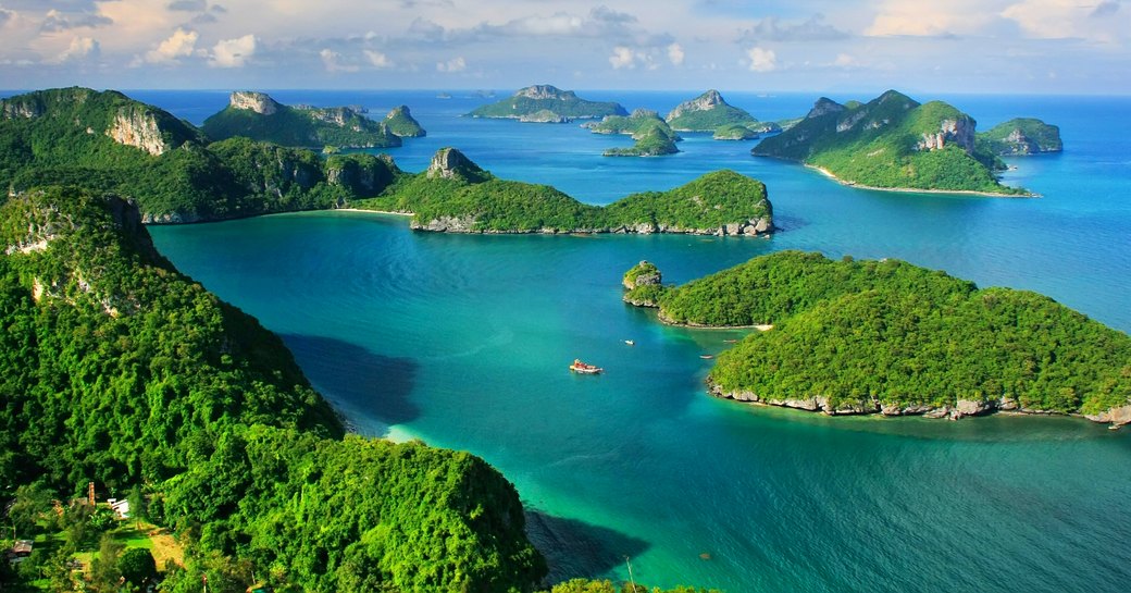 Aerial view looking out over islands in Thailand