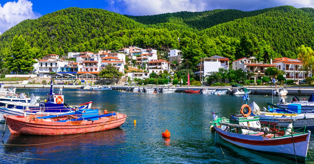 Beautiful Skopelos island- traditional fishing village Neo Klima, Greece.