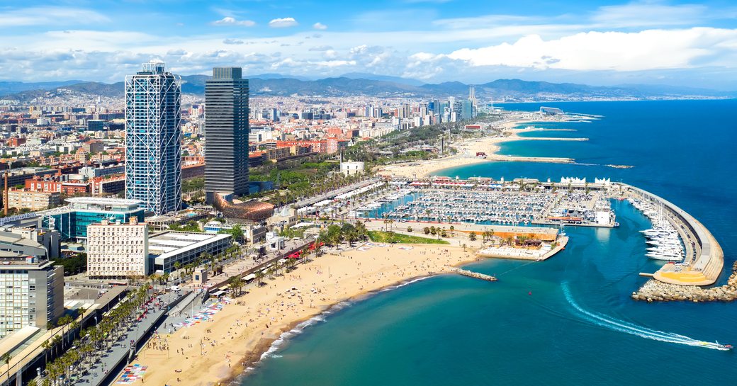 Barcelona, Spain aerial panorama Somorrostro beach, top view central district cityscape outdoor catalonia skyline