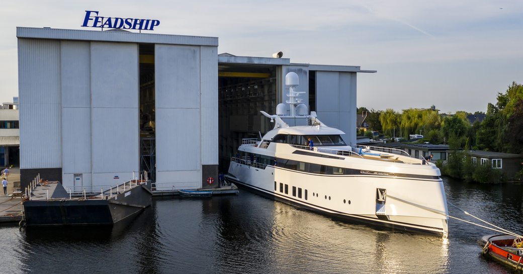 Feadship superyacht Totally Nuts leaving outfitting facilities