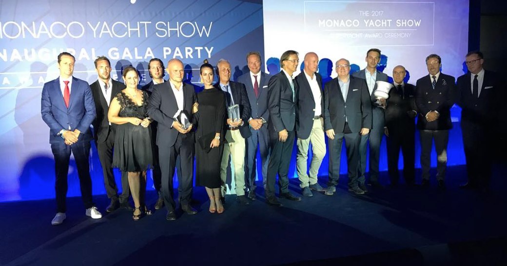 Oceanco team on stage at the MYS awards 2017 picking up the prize for superyacht JUBILEE 