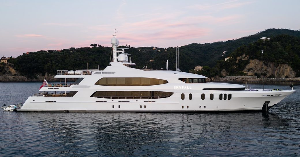 Charter yacht SKYFALL at anchor at dusk