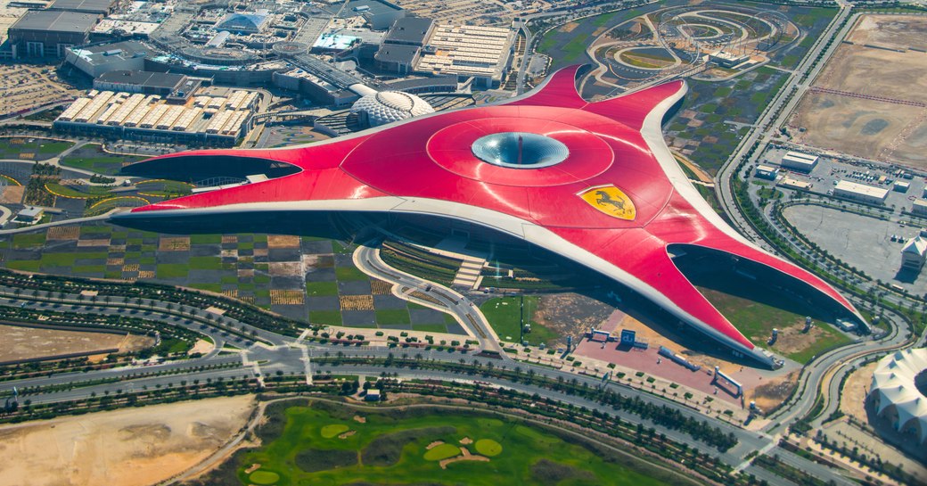 red roofed building that houses Ferrari World Abu Dhabi