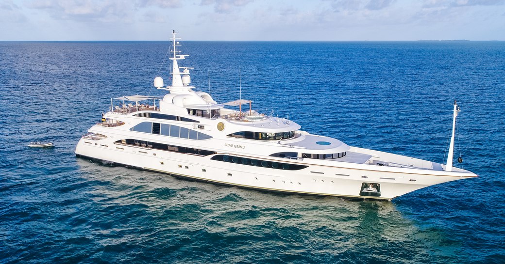 superyacht Mine Games anchors on a Mediterranean yacht charter