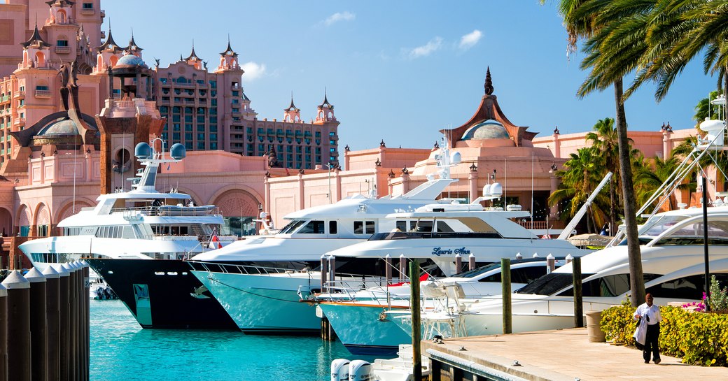 Waterside view of the Atlantis hotel in the Bahamas with superyachts berthed out front