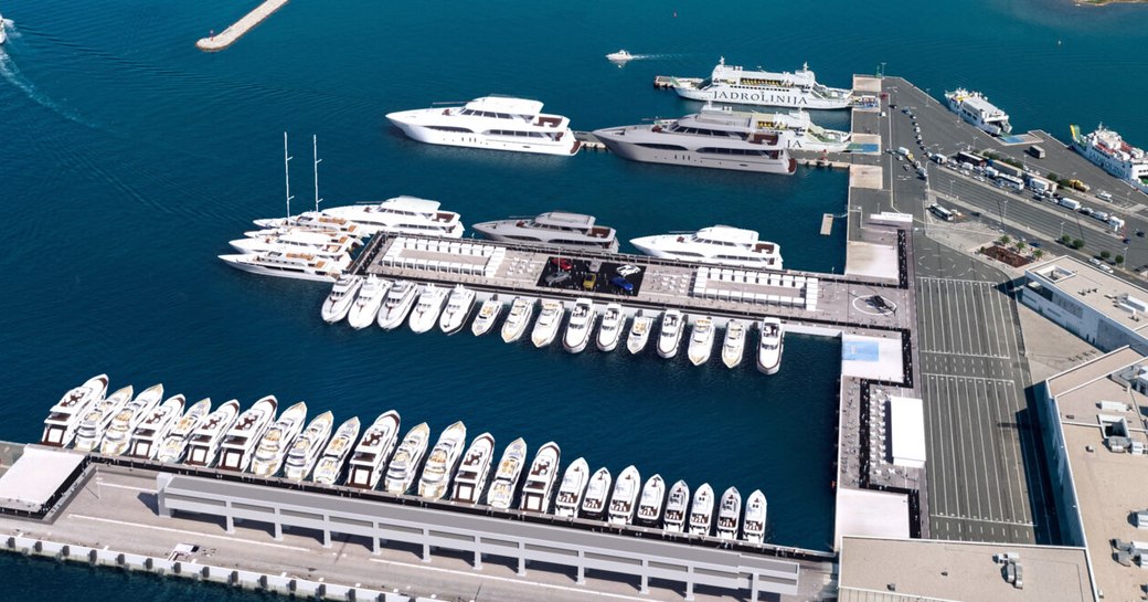 Aerial view looking over Zadar Cruise Port, with many charter yachts berthed