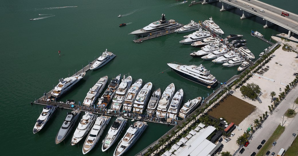 superyacht miami and miami yacht show, aerial view of yachts at island gardens