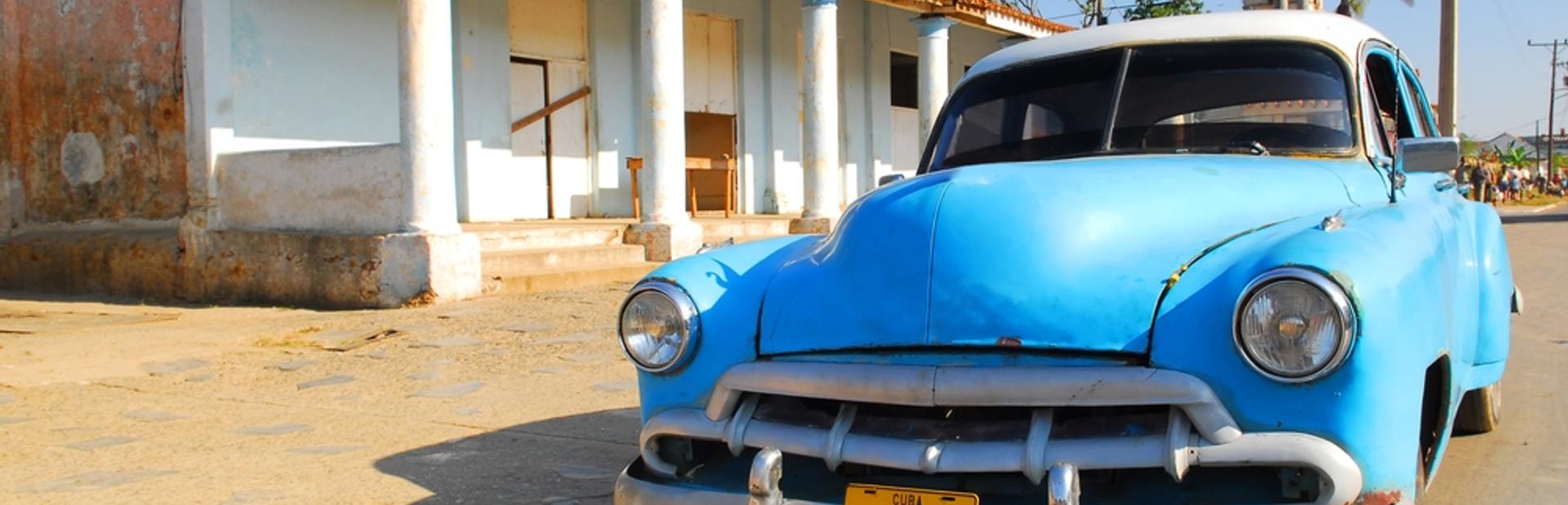 Classic blue car on the road to Vinales