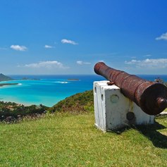 Old cannon and coastal landscape in the background