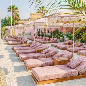 Rows of pink upholstered sun loungers at the Shellona Beach Club, St Tropez