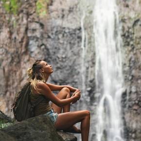Tahiti - Faarumai Waterfalls person
