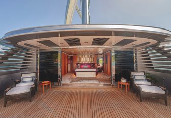 Charter yacht MALTESE FALCON exterior deck space with entrance to interiors