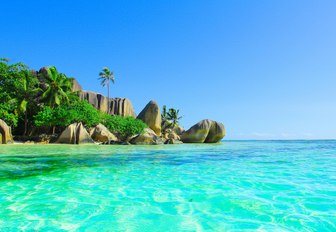 Rock formations meeting the sea in the Seychelles 