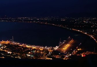 The Greek skyline of Nafplio illuminated at night