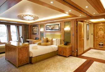 Grand master suite with huge windows on board superyacht Solandge