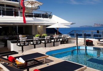 large bar, sun loungers and pool on the aft deck of motor yacht Alfa Nero