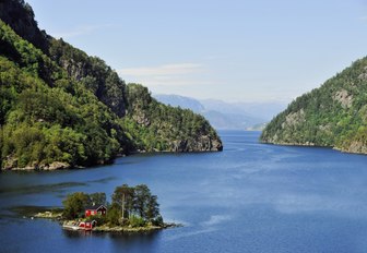 A fjord and small island located in Norway