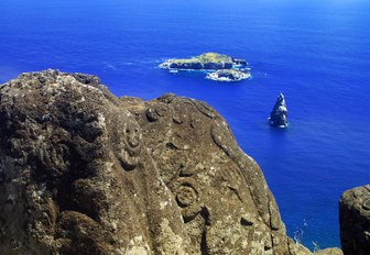 Bird Man Island and Polynesian carvings at Rapa Nui, Easter Island