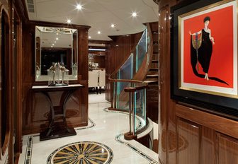 marble-floored hallway with rich high-gloss wall panels on board motor yacht Remember When