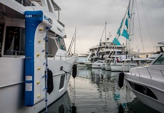 yachts lined up in the Dubai Canal for the 2018 Dubai International Boat Show 