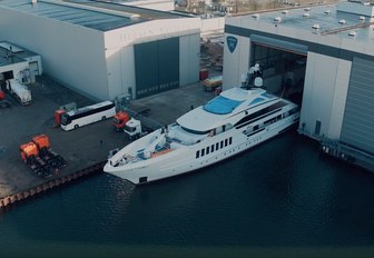 superyacht VIVA moves out of shed at Heesen's shipyard on day of her launch