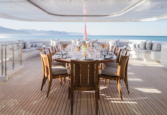 alfresco dining setup on the upper deck aft of superyacht TURQUOISE 