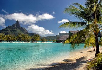 view of white sand beach lapped by turquoise waters in Tahiti