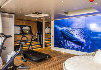 the well appointed gym and cinema screen of charter yacht severin's