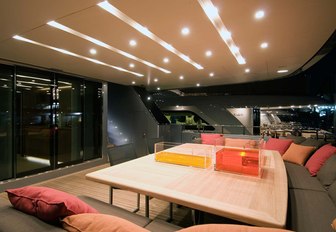 Shaded dining area on aft deck of charter yacht 4A