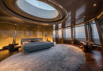 huge skylight and wall of windows in master suite aboard charter yacht SAVANNAH 