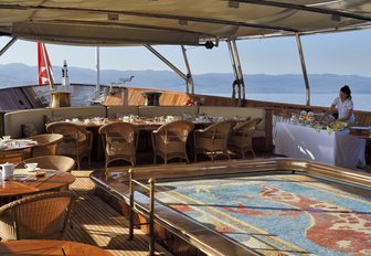 Wedding reception being prepared by the vintage pool on the charter yacht Christina O 