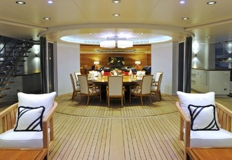 semi-alfresco set up of upper deck conservatory aboard charter yacht TV