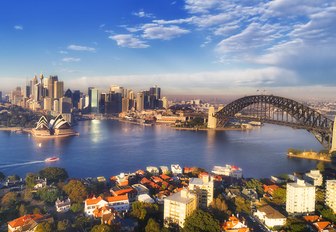 Sydney Opera House and iconic bridge in Sydney harbour