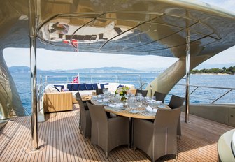 shaded alfresco dining area on sundeck of motor yacht Midnight Sun